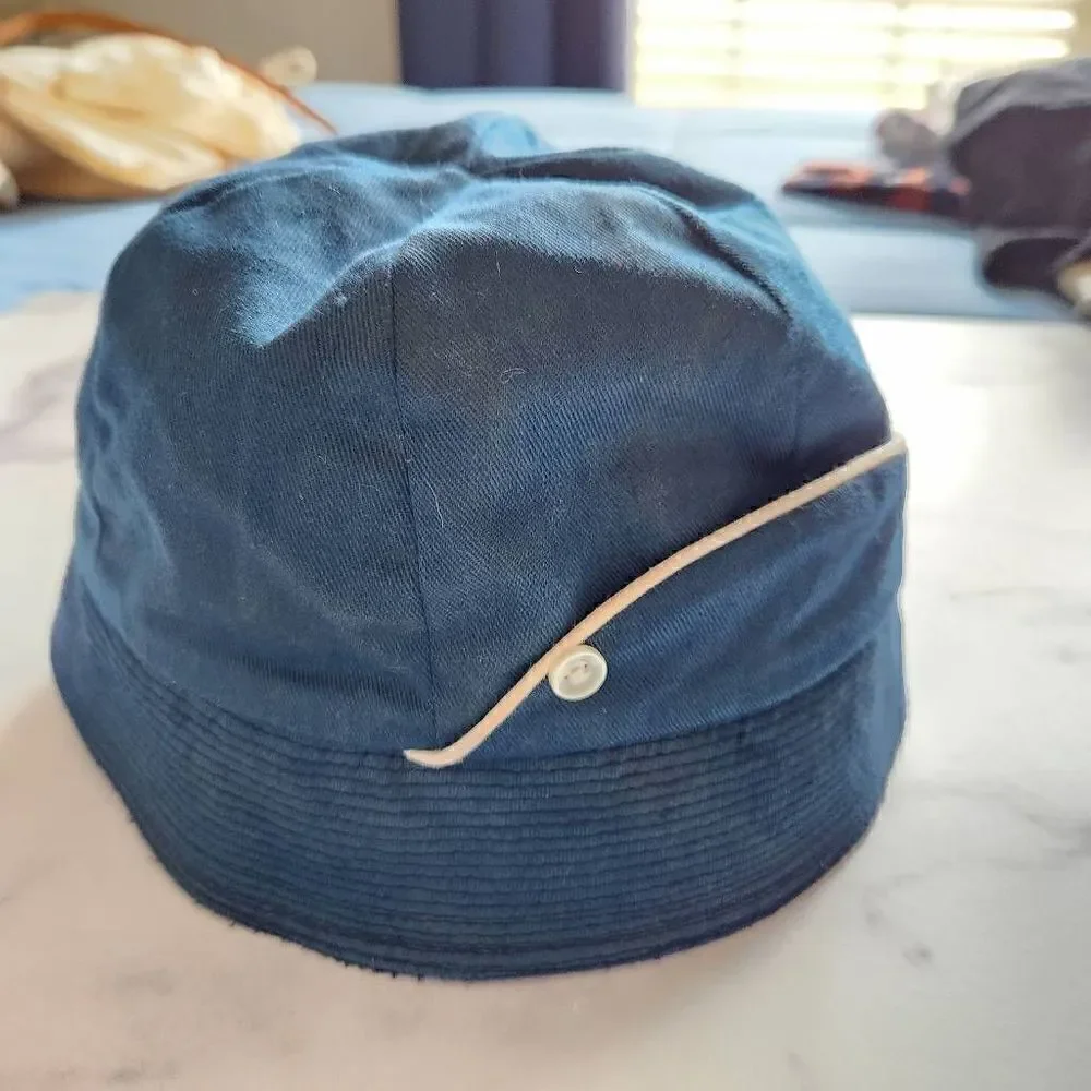 Baby boy 2t toddler navy blue vintage bucket hat chin strap  70s retro nautical